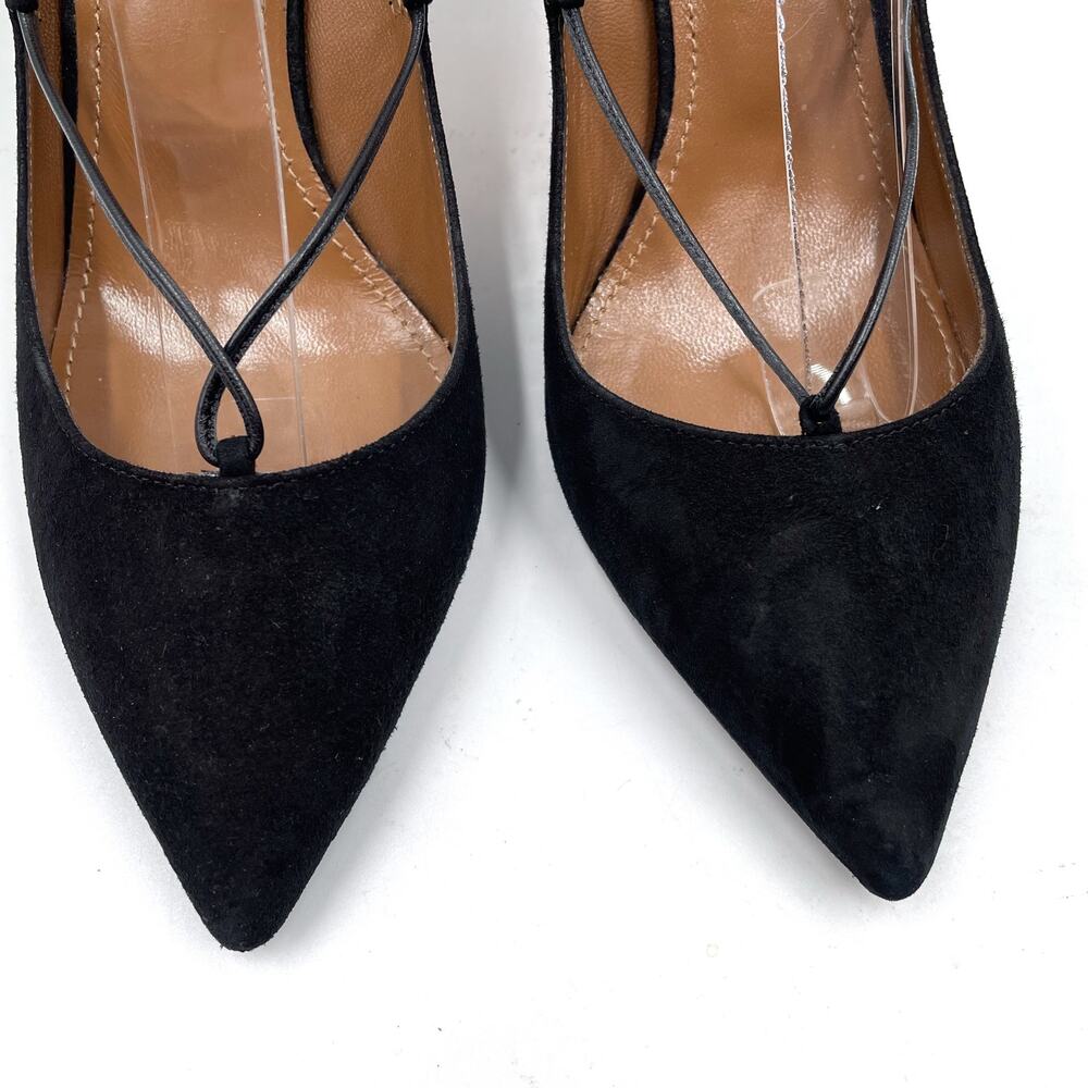 Aquazzura Fellini Pumps Black Suede Leather Trimmed Pointed Ankle Tie Sz 37 /‎ 7 - Picture 9 of 14